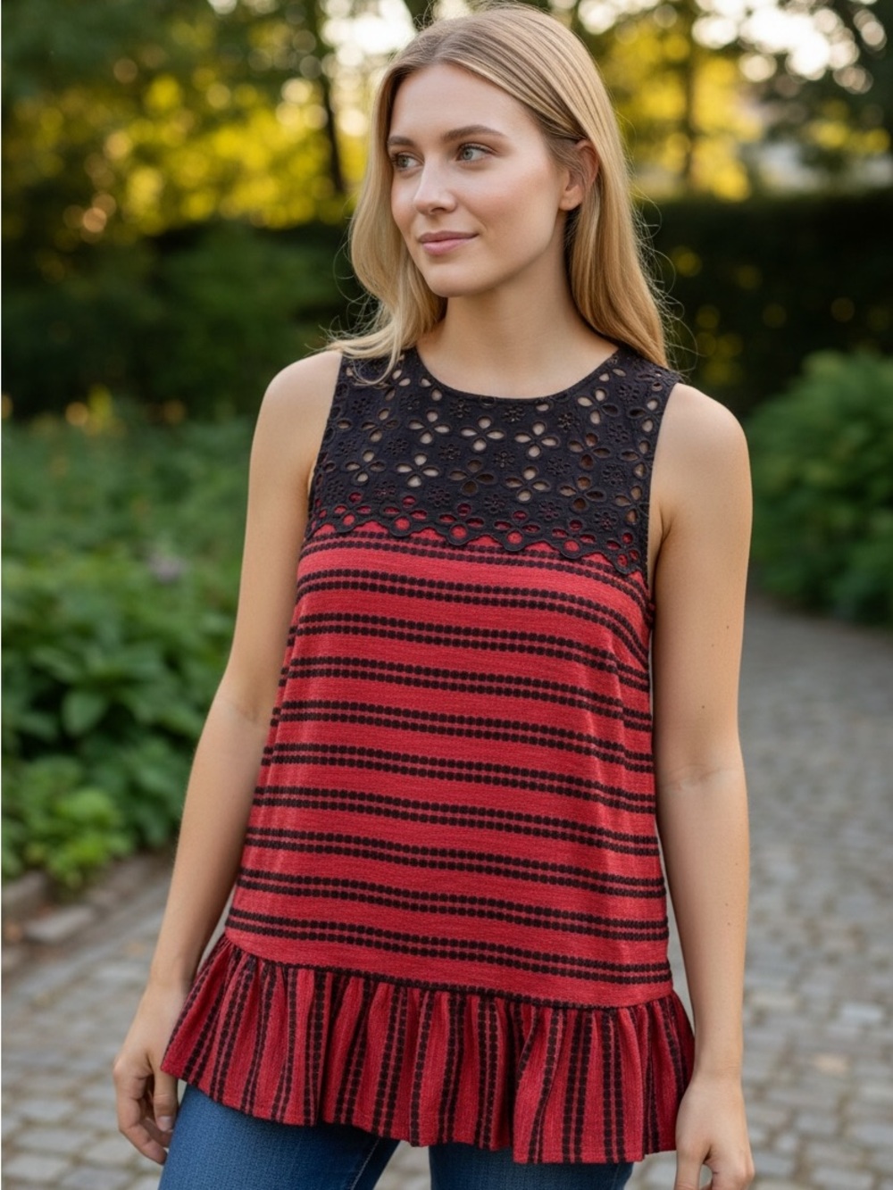 Free People Brown Eyelet Cutout Top w/ruffle sz L EUC